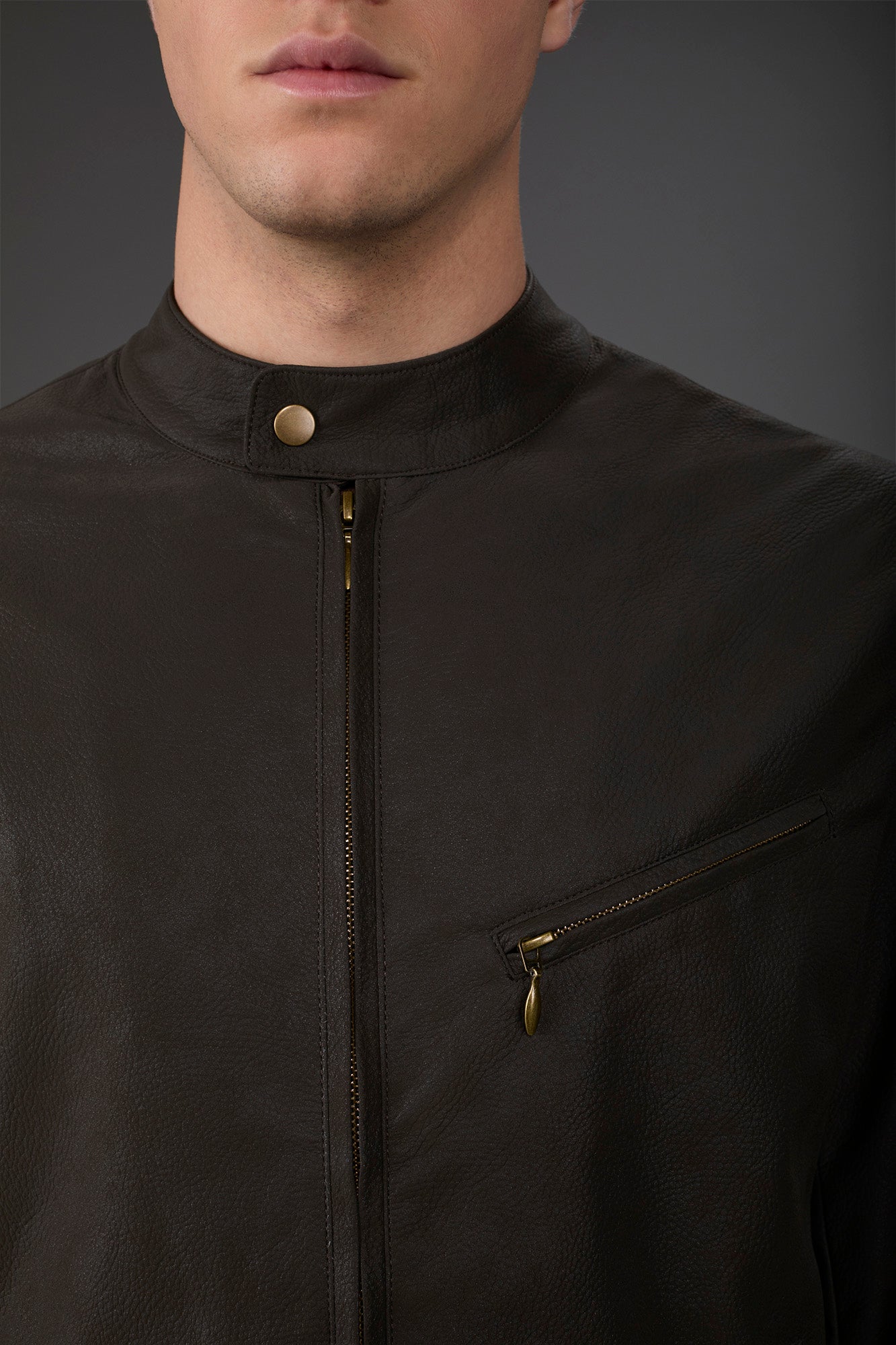 Men's biker jacket in lined faux leather with mandarin collar