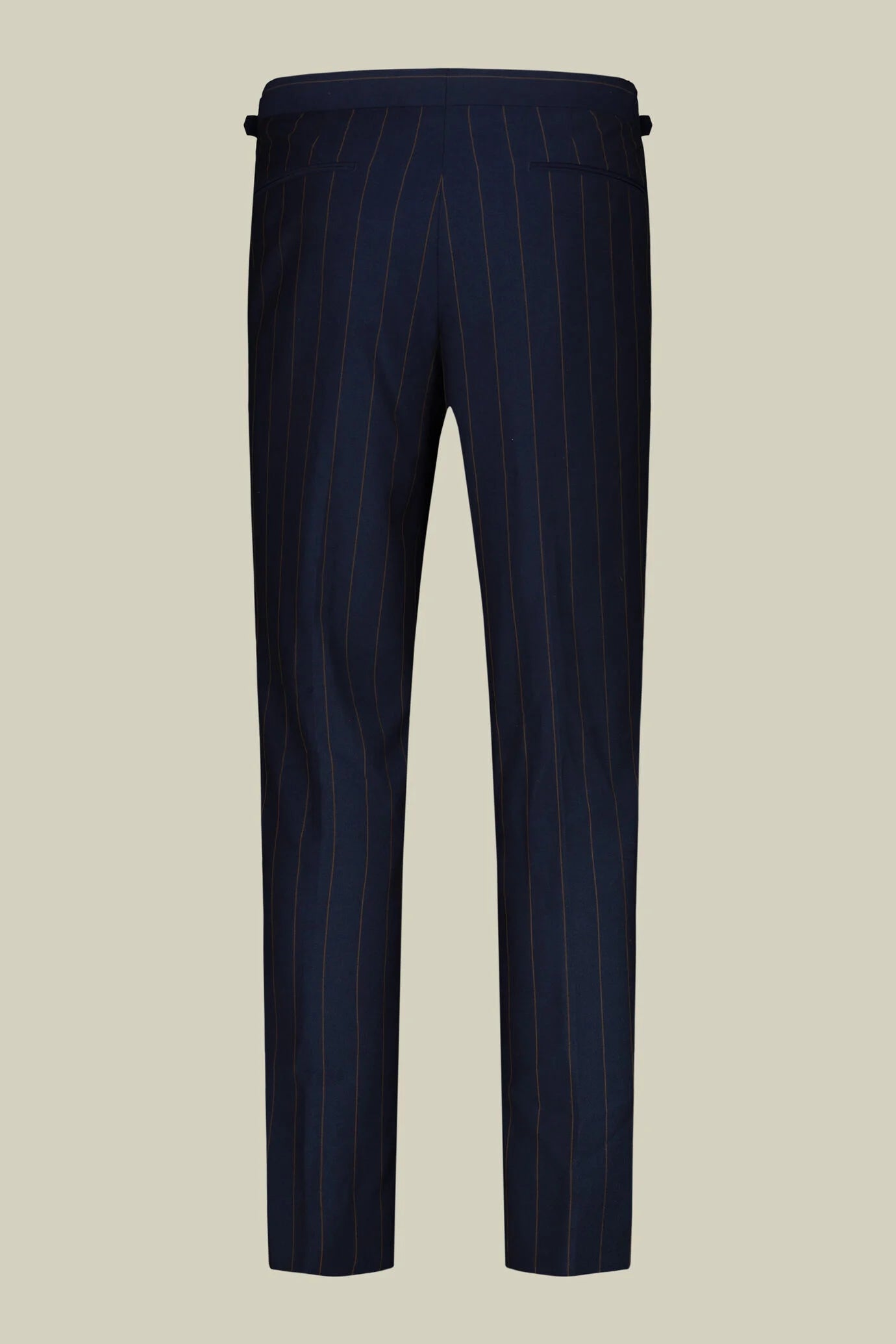 Men's pinstripe suit with double-pleated trousers and peak lapel jacket