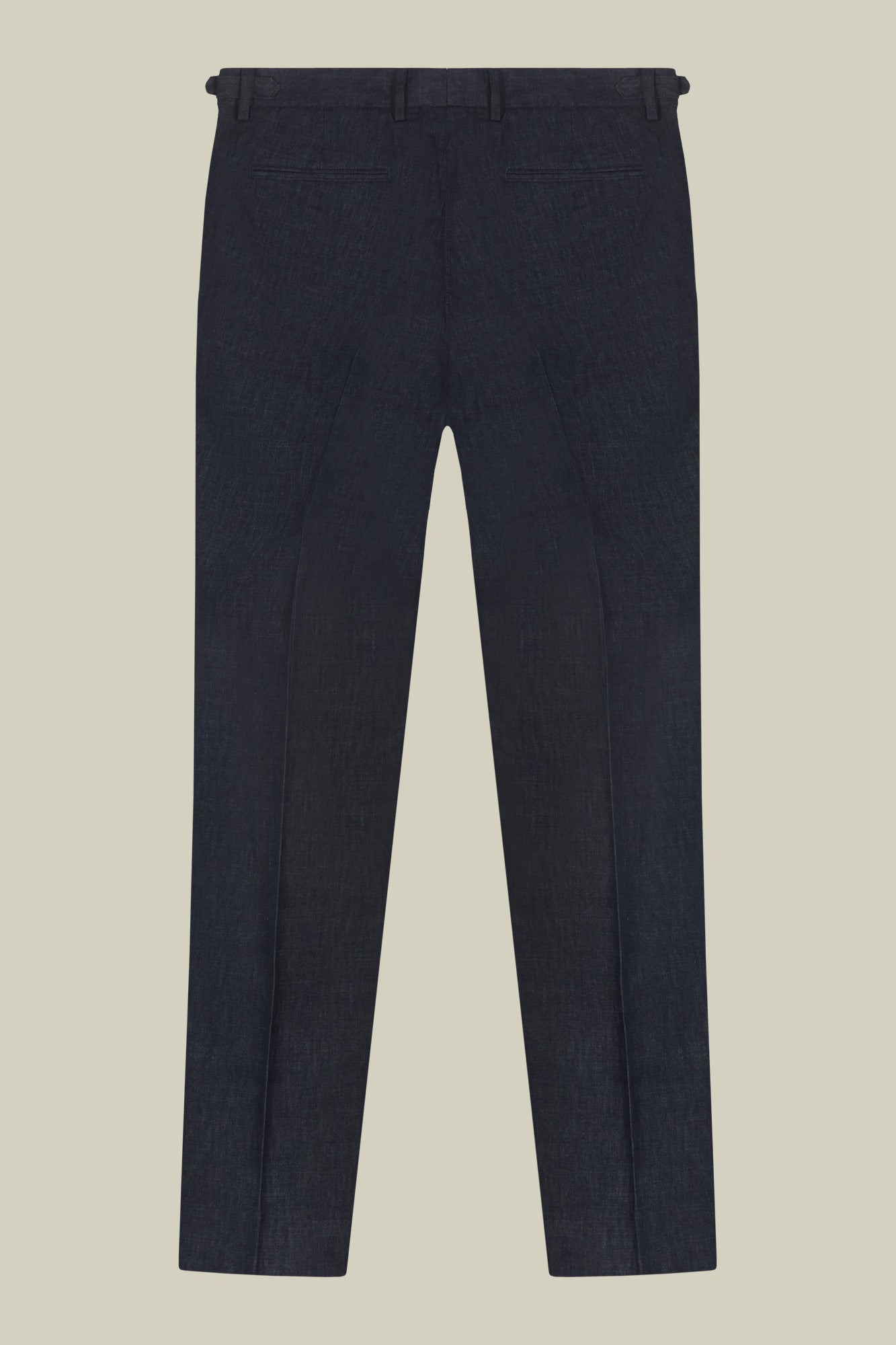 Men's trousers in chambray fabric with double pleats and side buckles