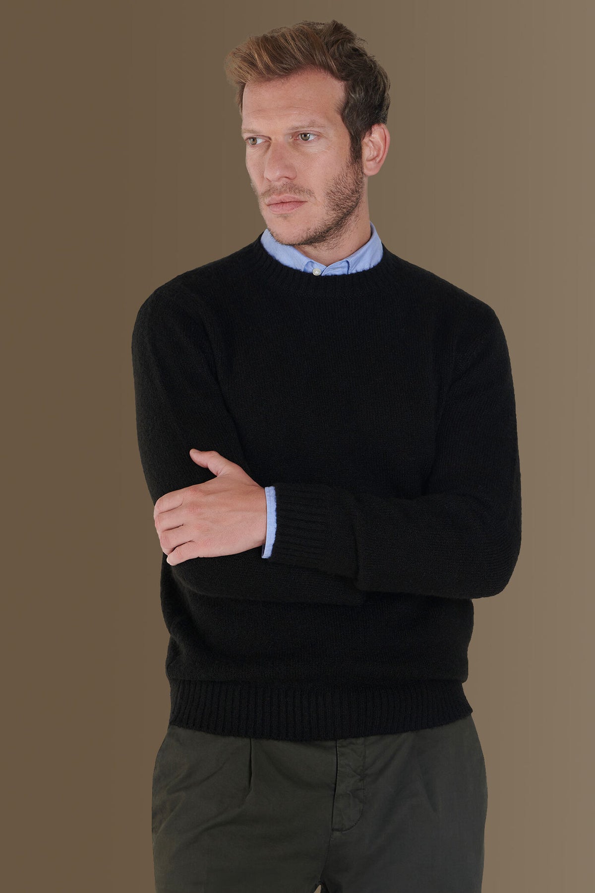 Round neck sweater in cotton- wool blend