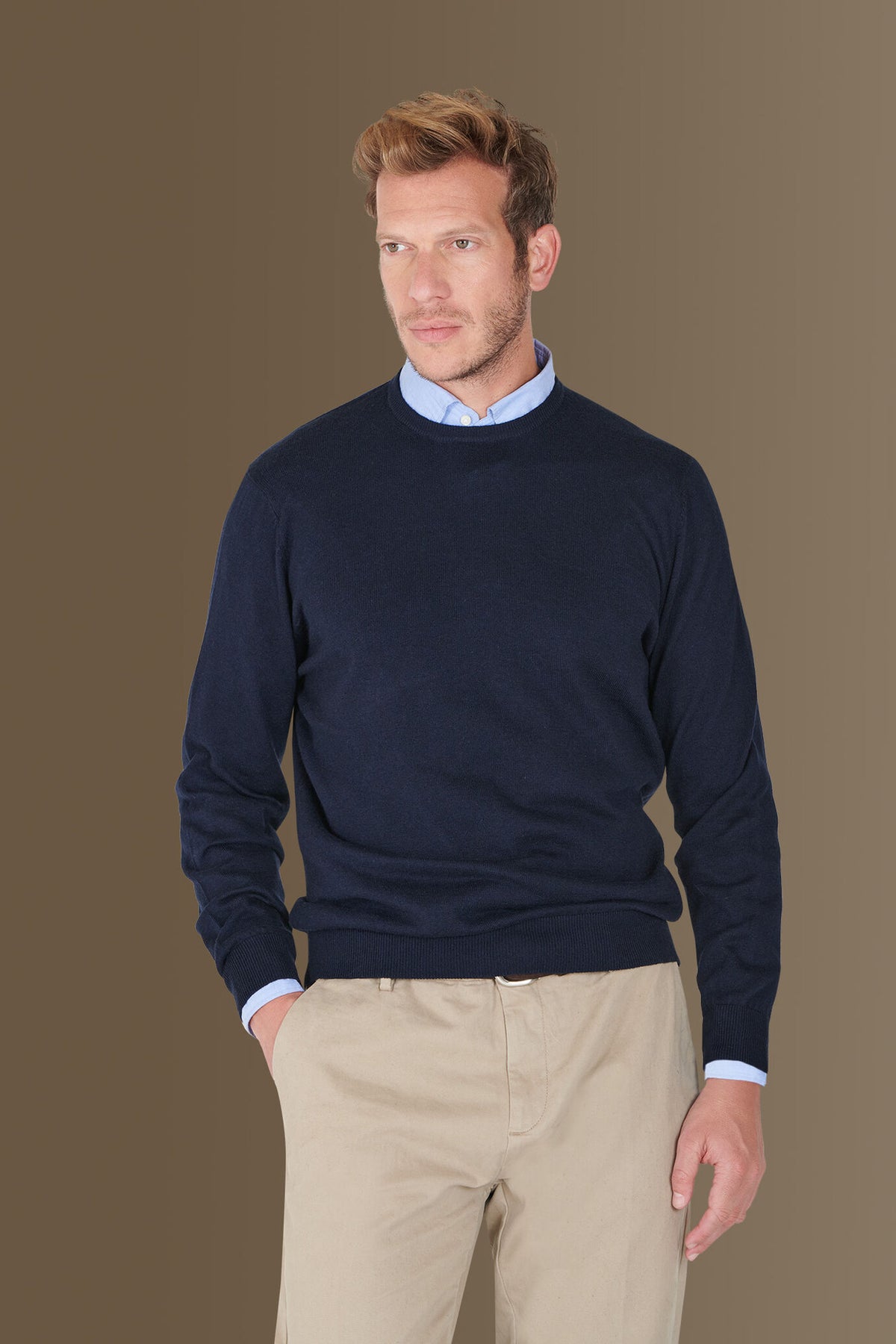 Round neck sweater in cotton- wool blend