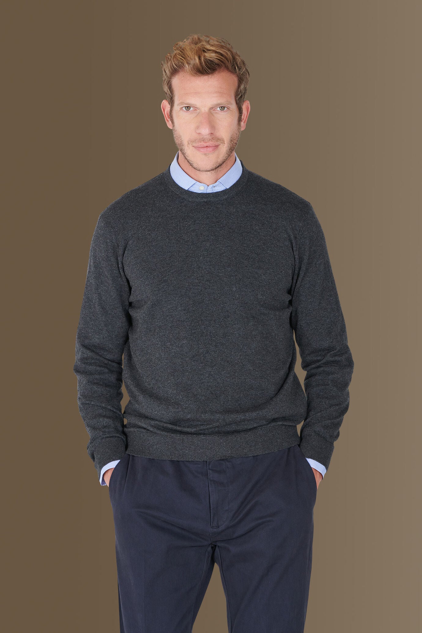 Round neck sweater in cotton- wool blend
