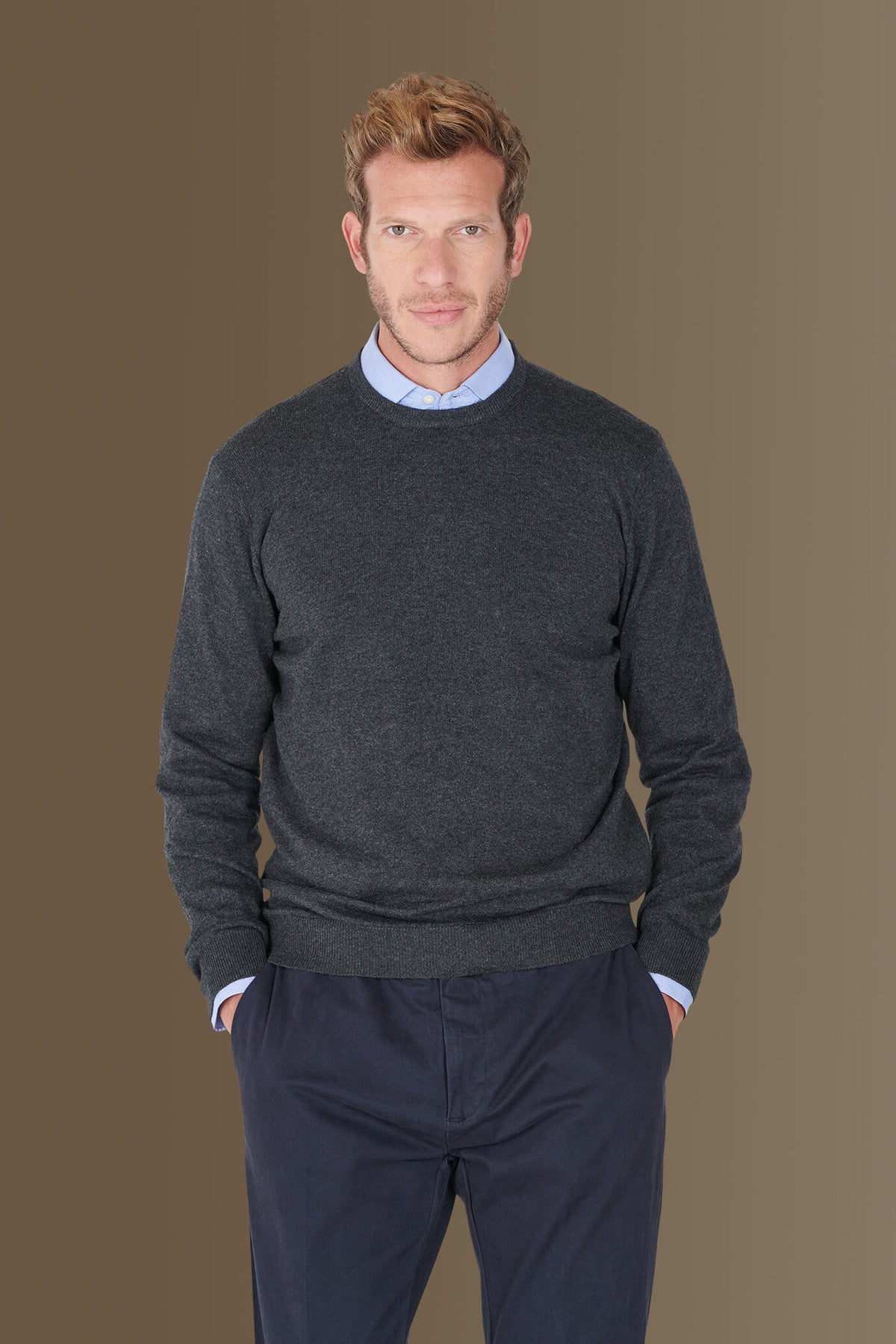 Round neck sweater in cotton- wool blend