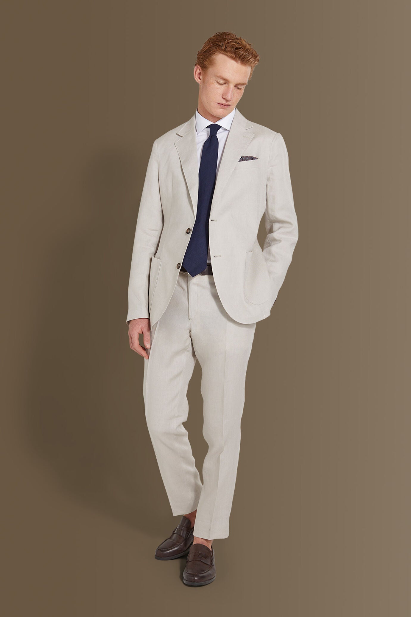 Single breasted suit flat trousers 100% linen made in Italy