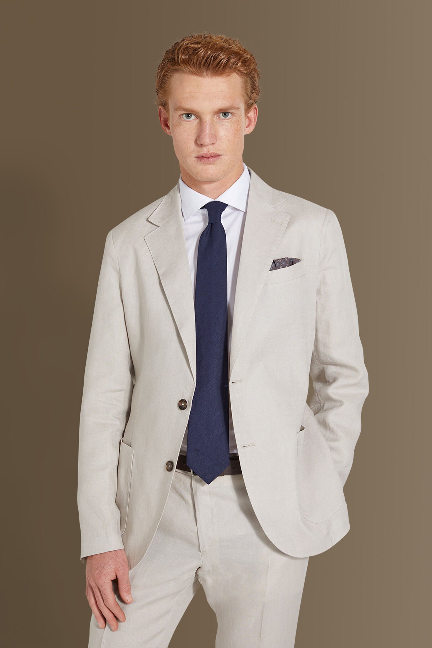 Single breasted suit flat trousers 100% linen made in Italy