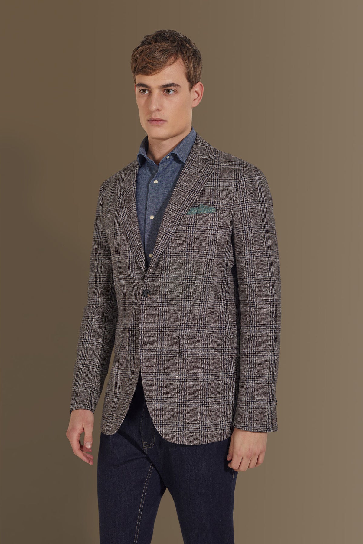 Single breasted jacket cotton linen fabric check design