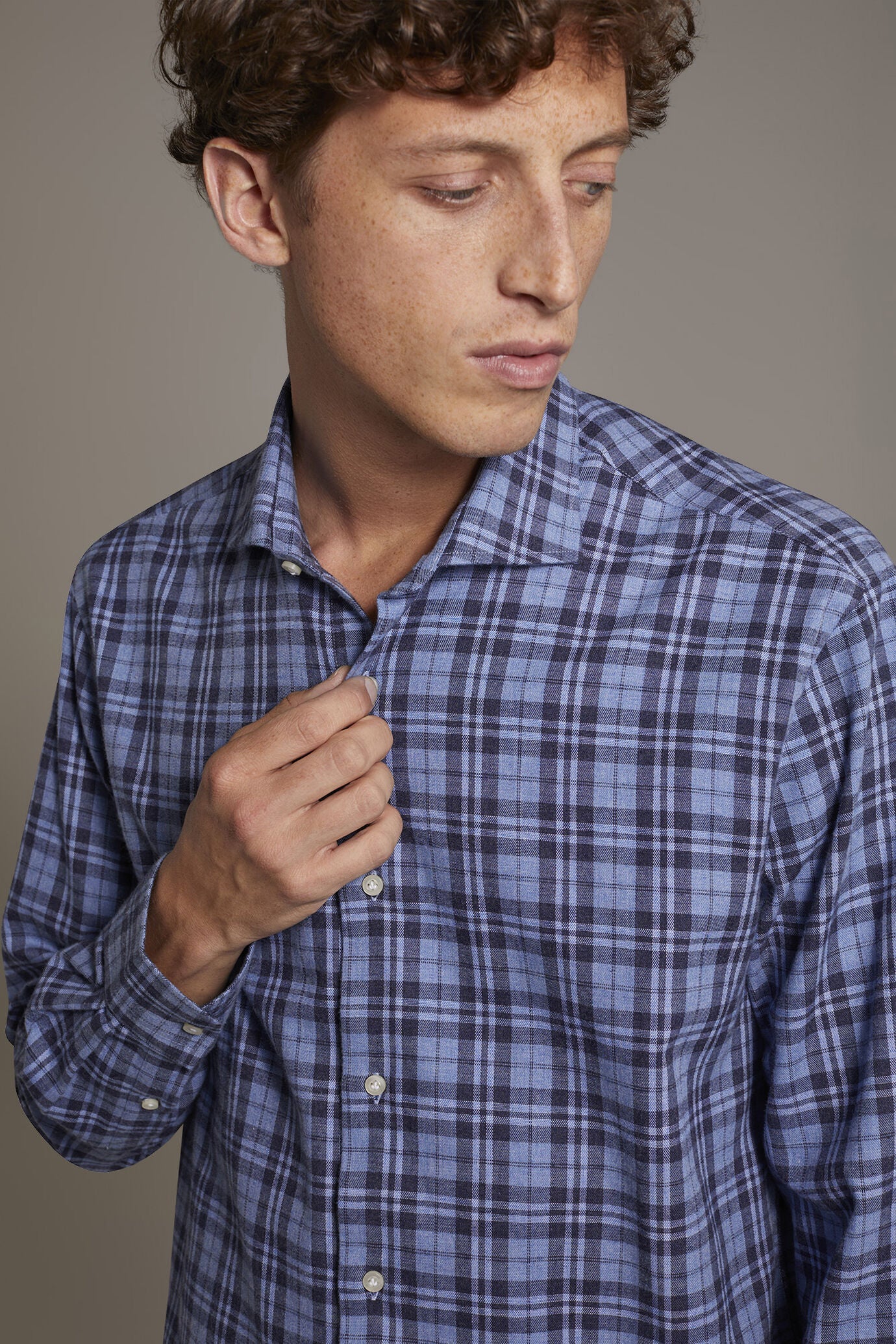 Casual shirt with french collar comfort fit flannel tartan fabric
