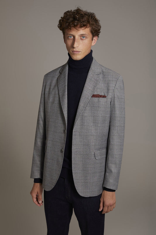 Single-breasted jacket with flap pockets in prince of wales fabric made in Italy
