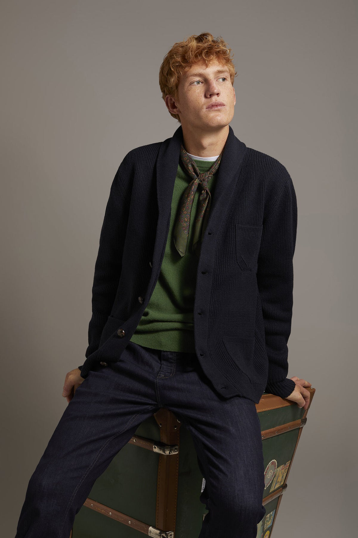 English rib knit wool blend cardigan