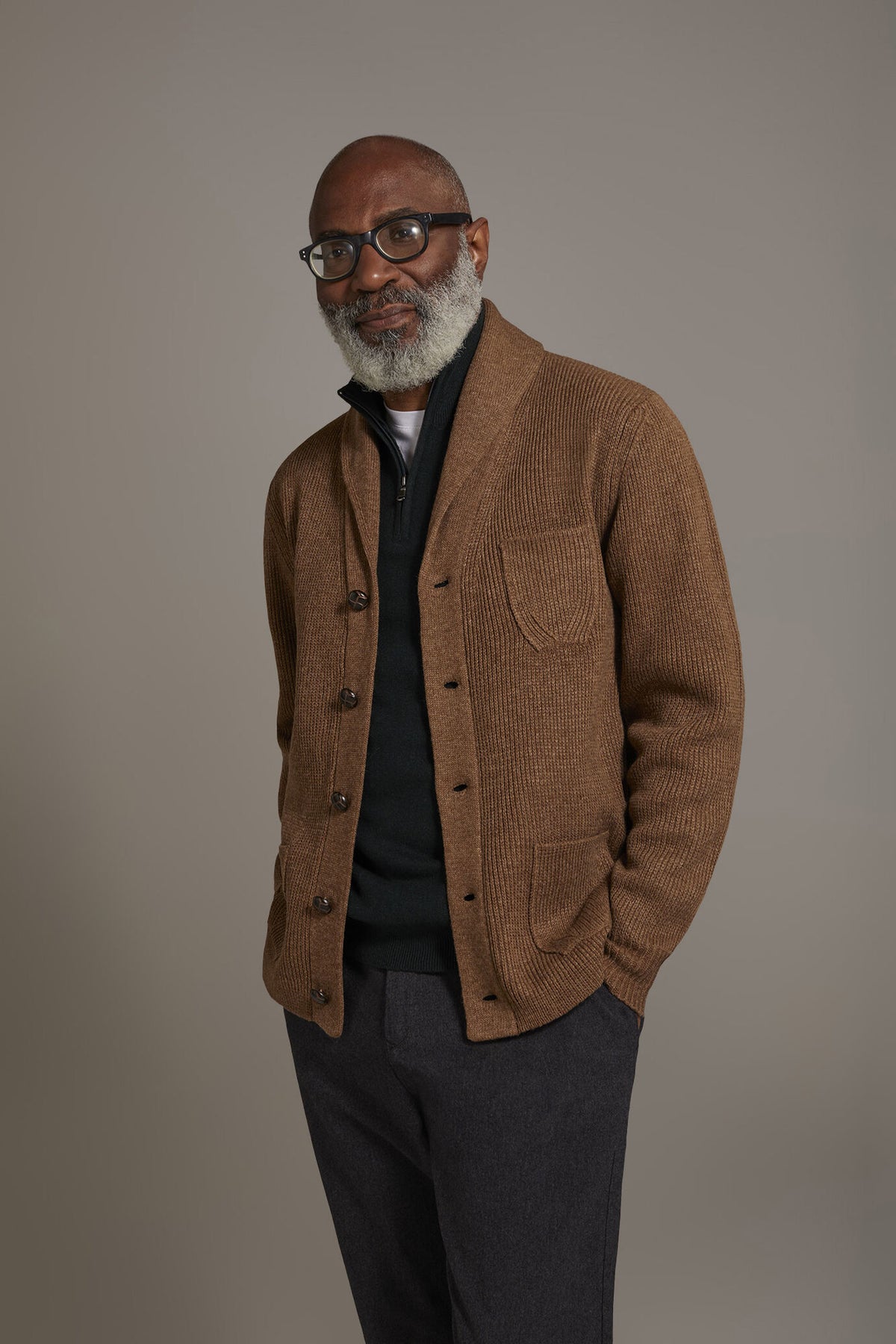 English rib knit wool blend cardigan