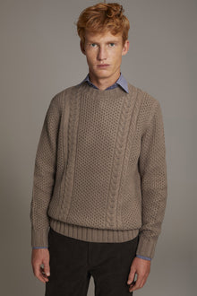 Wool blend round neck sweater with honeycomb heavy knitting