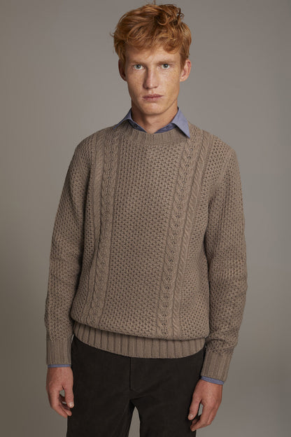 Wool blend round neck sweater with honeycomb heavy knitting