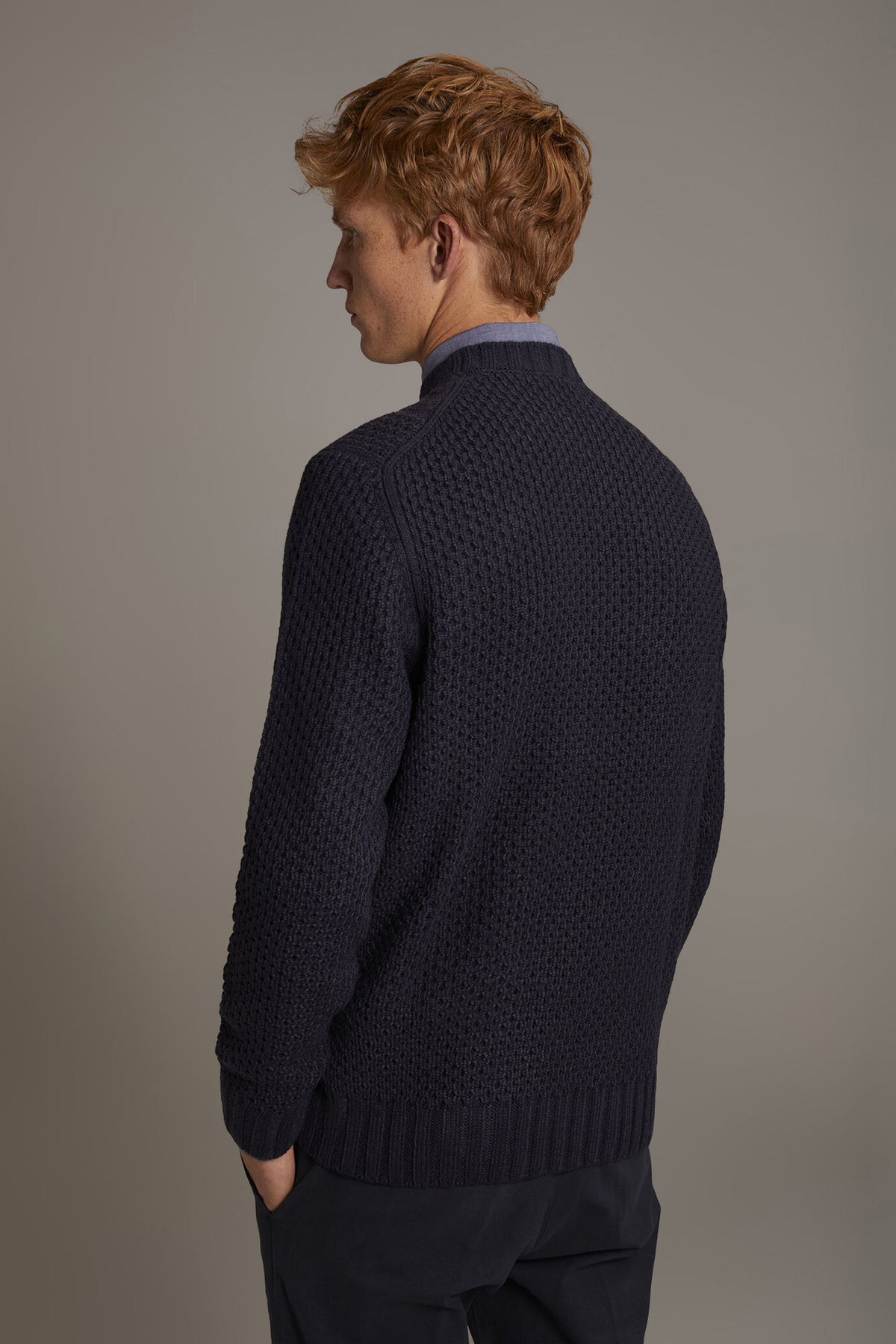 Wool blend round neck sweater with honeycomb heavy knitting