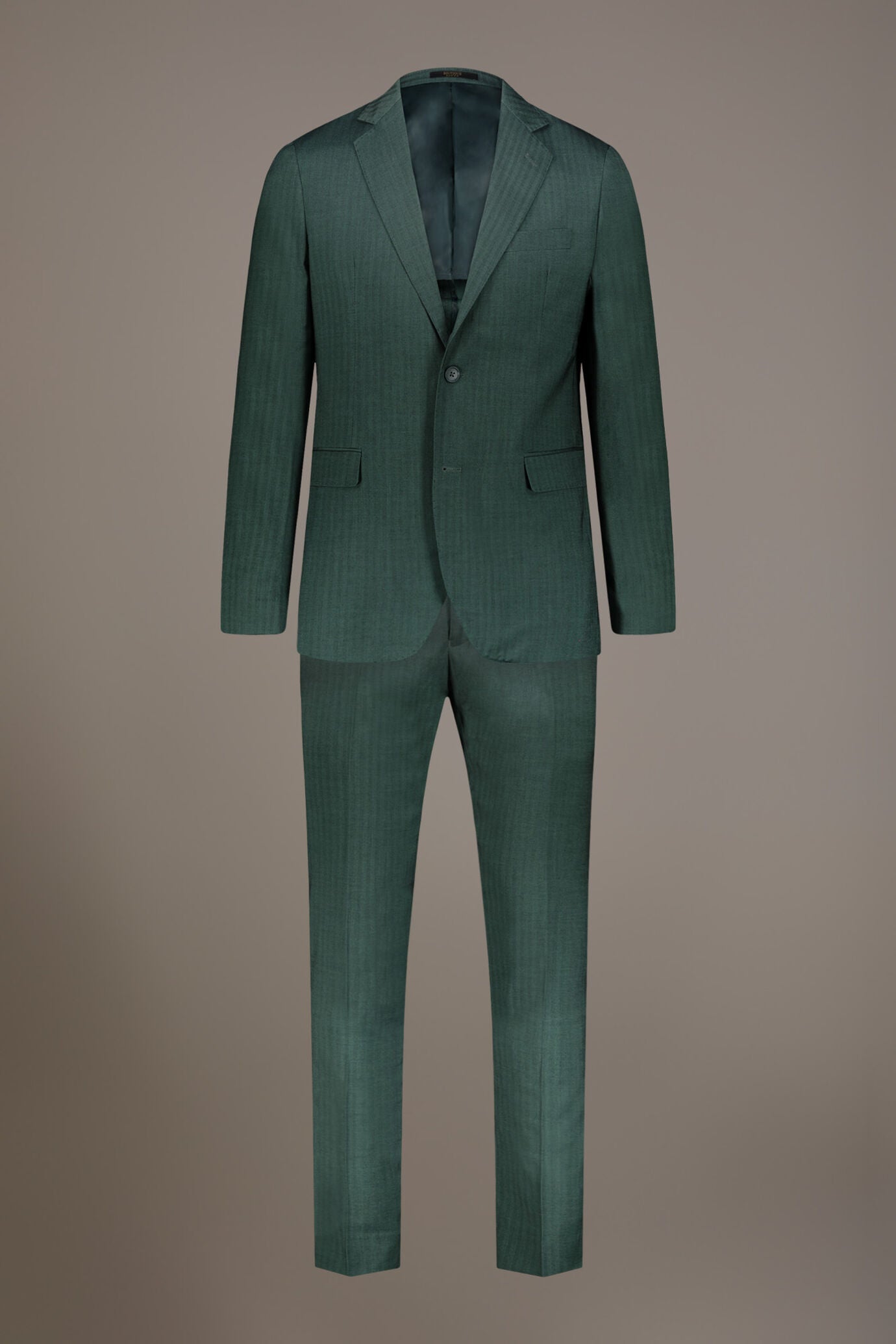 Regular fit single-breasted suit patterned herringbone fabric with solaro texture