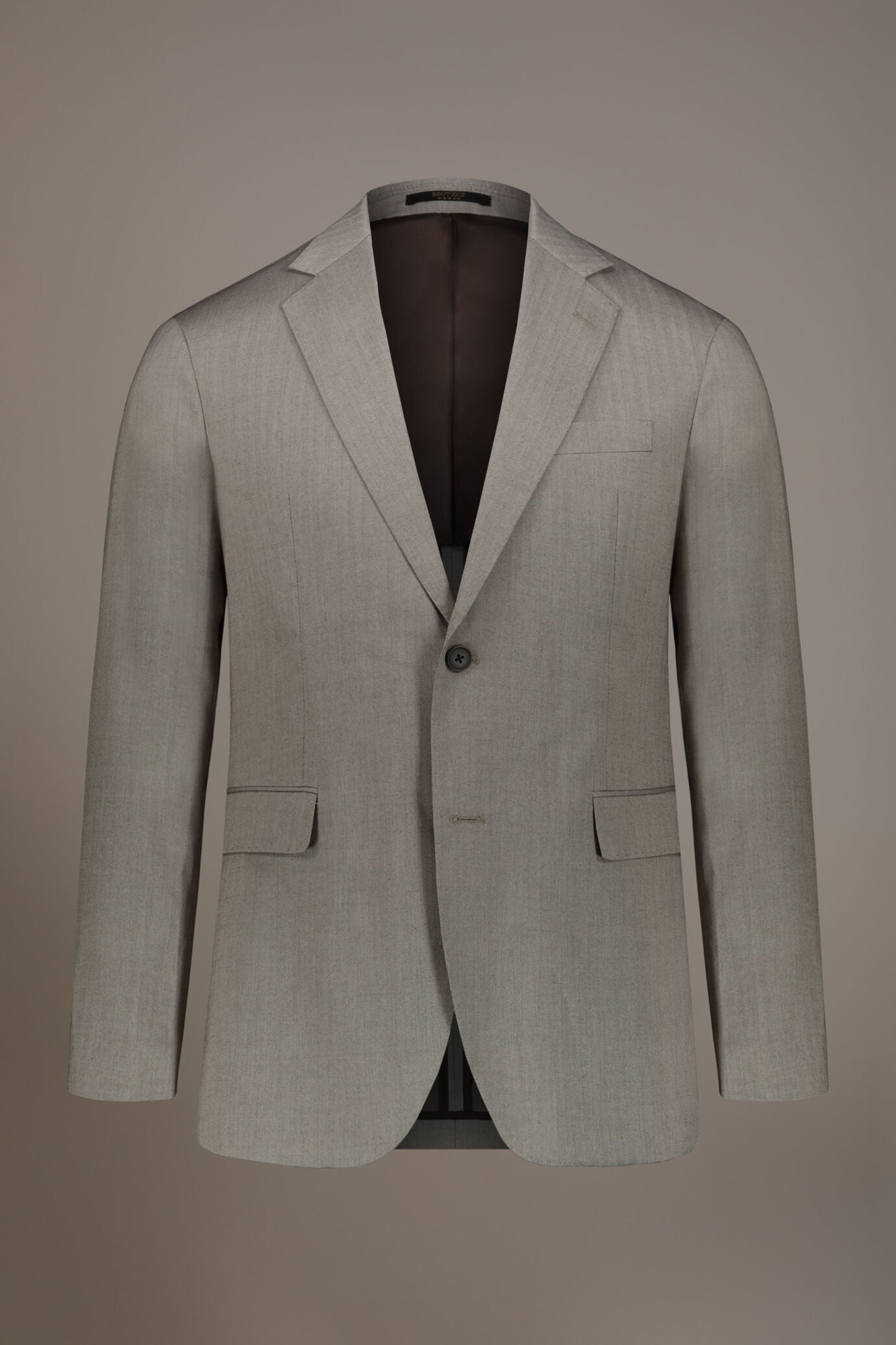 Regular fit single-breasted suit patterned herringbone fabric with solaro texture