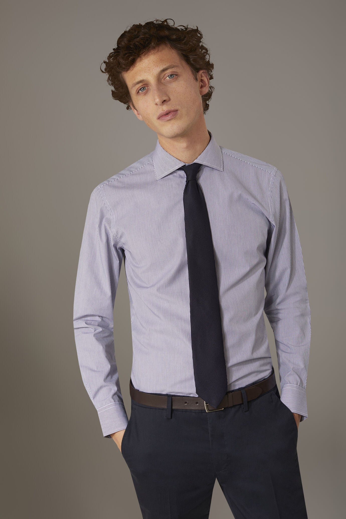 Classic shirt with french collar slim fit yarn dyed thin stripes