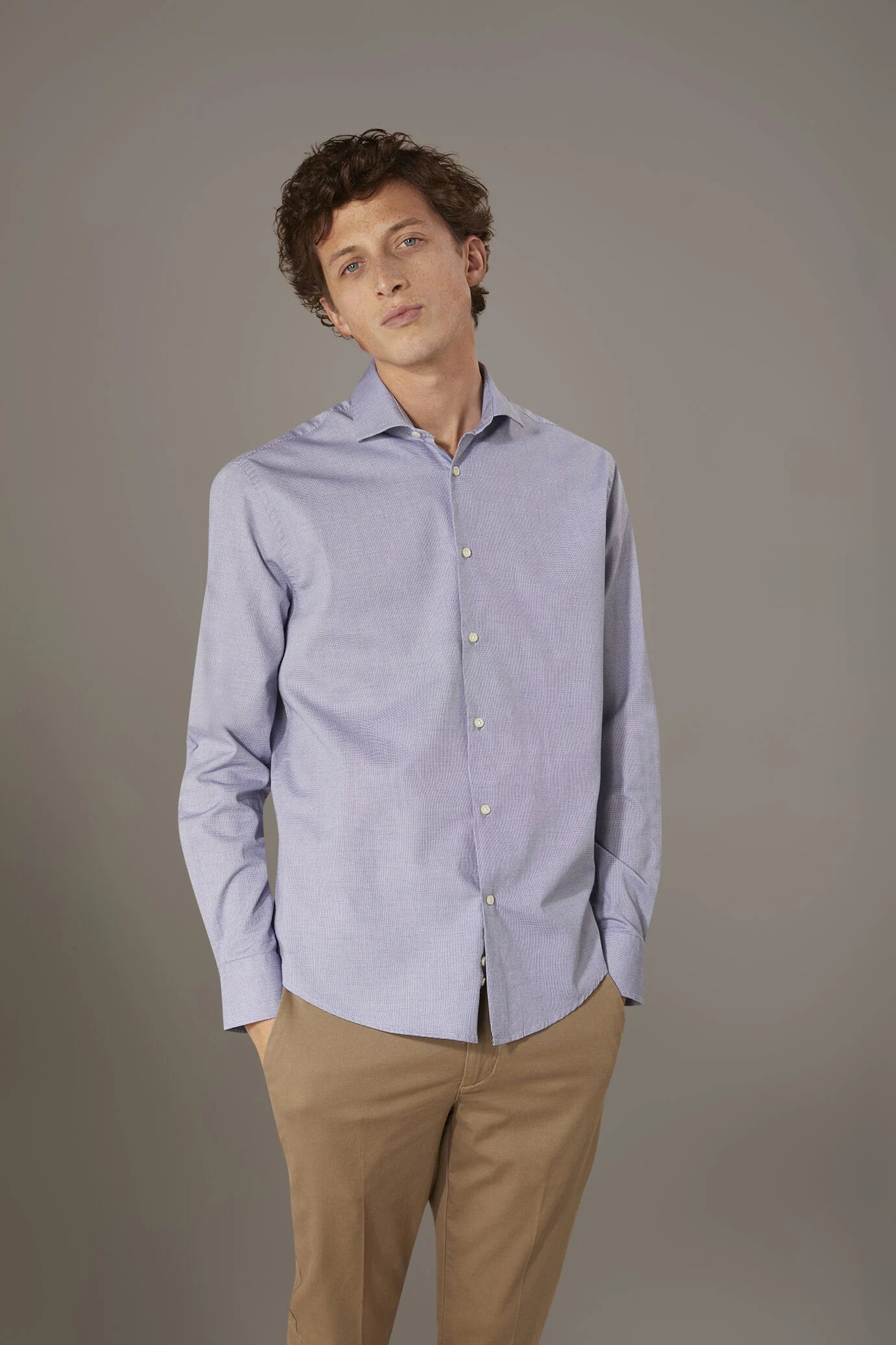 Classic washed shirt with french collar slim fit yarn dyed dobby