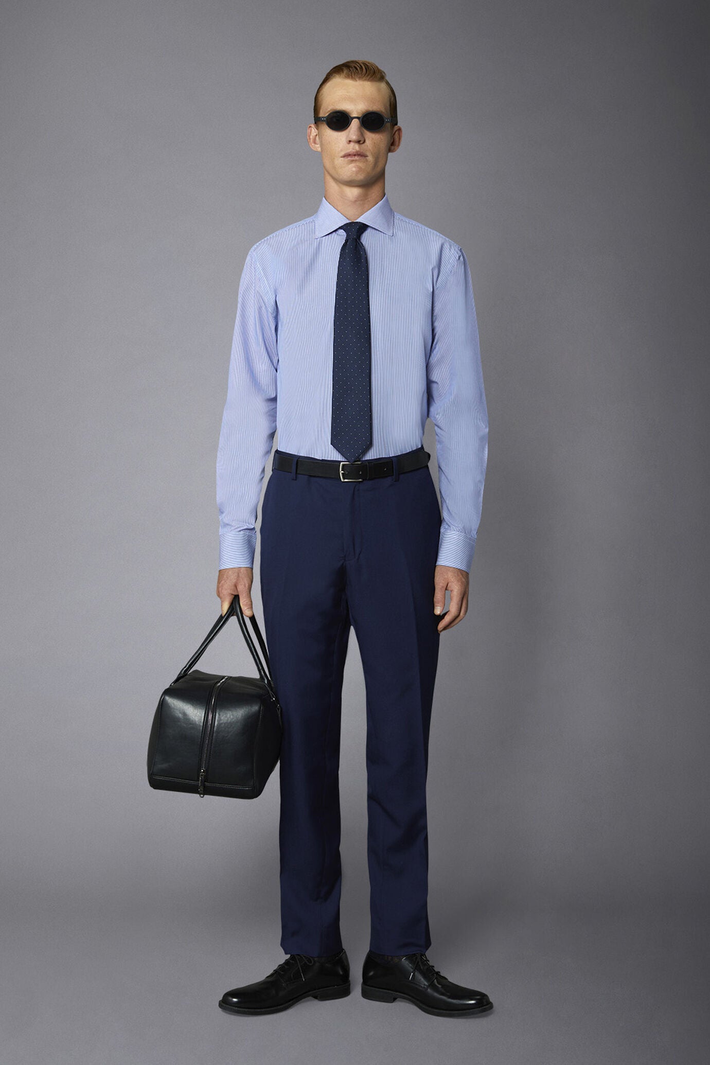 Men's classic slim fit French collar shirt with narrow stripe pattern