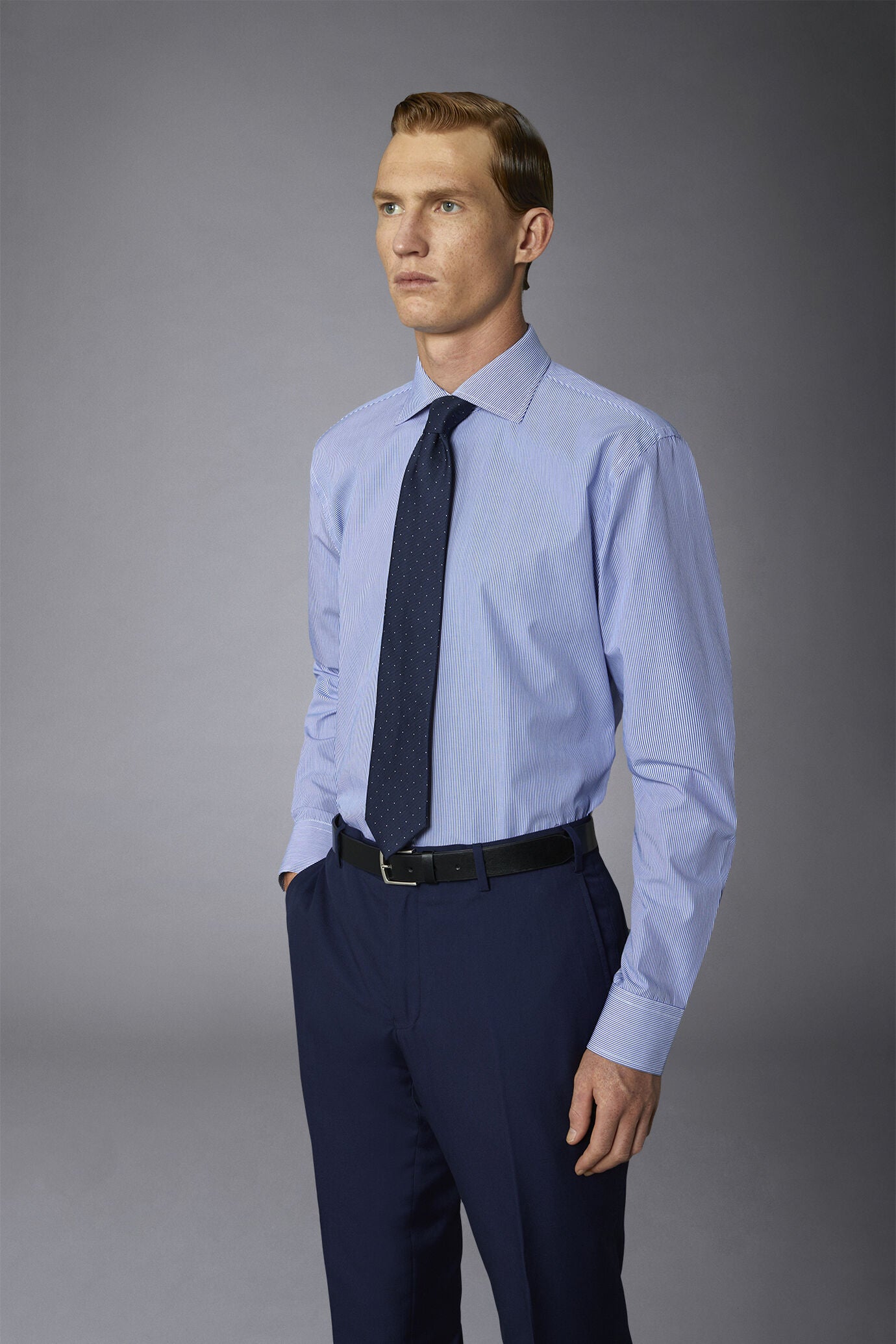 Men's classic slim fit French collar shirt with narrow stripe pattern