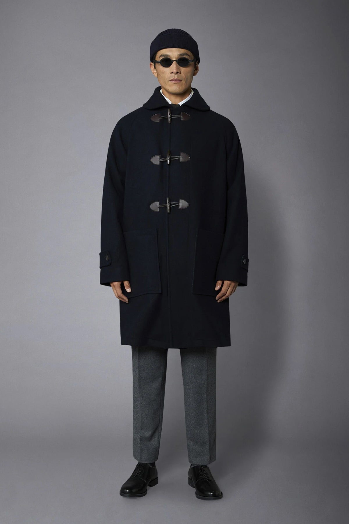 Genderless hoodless wool-blend coat