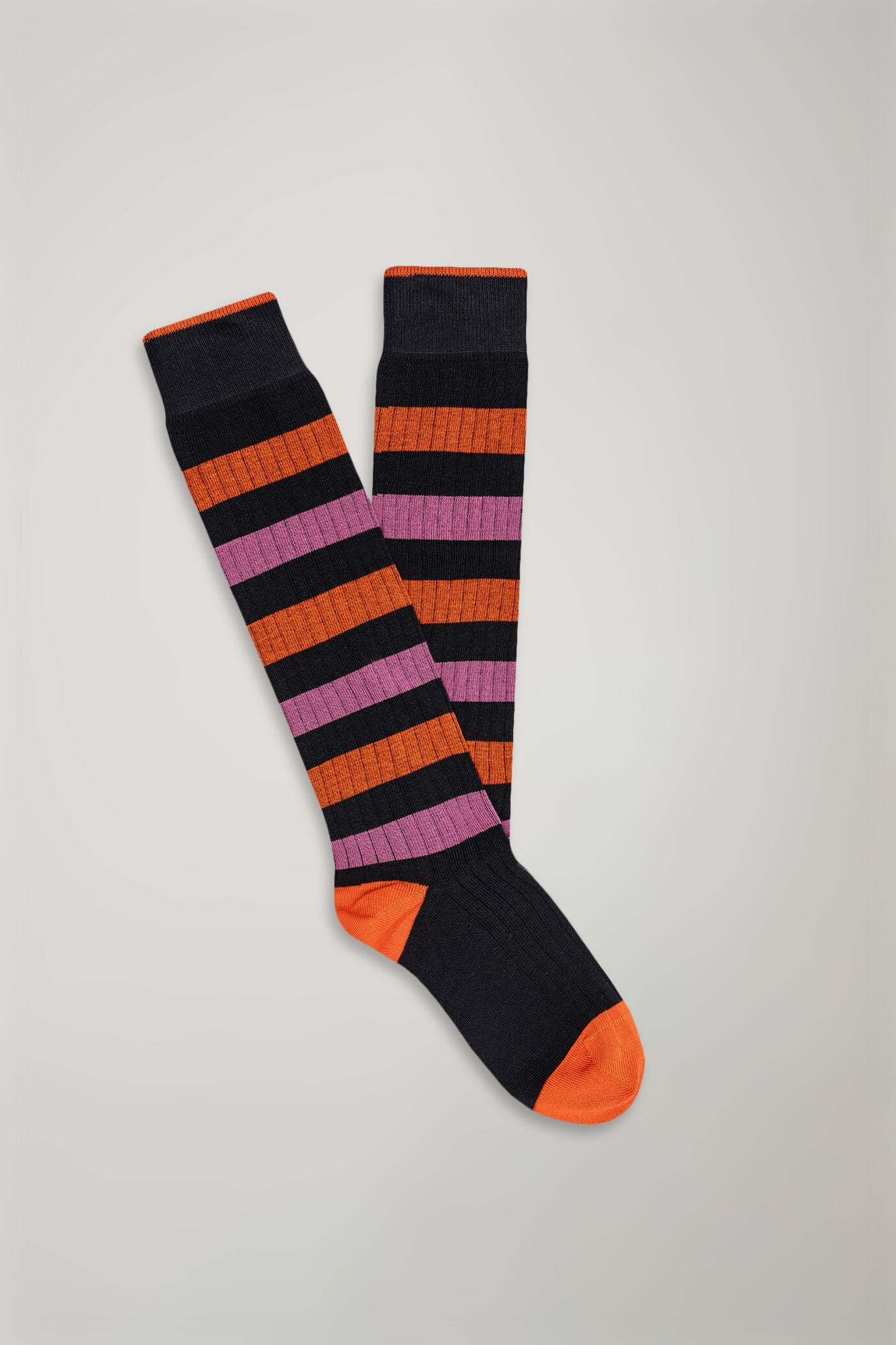 Men's long socks in wide rib knit regimental pattern made in Italy
