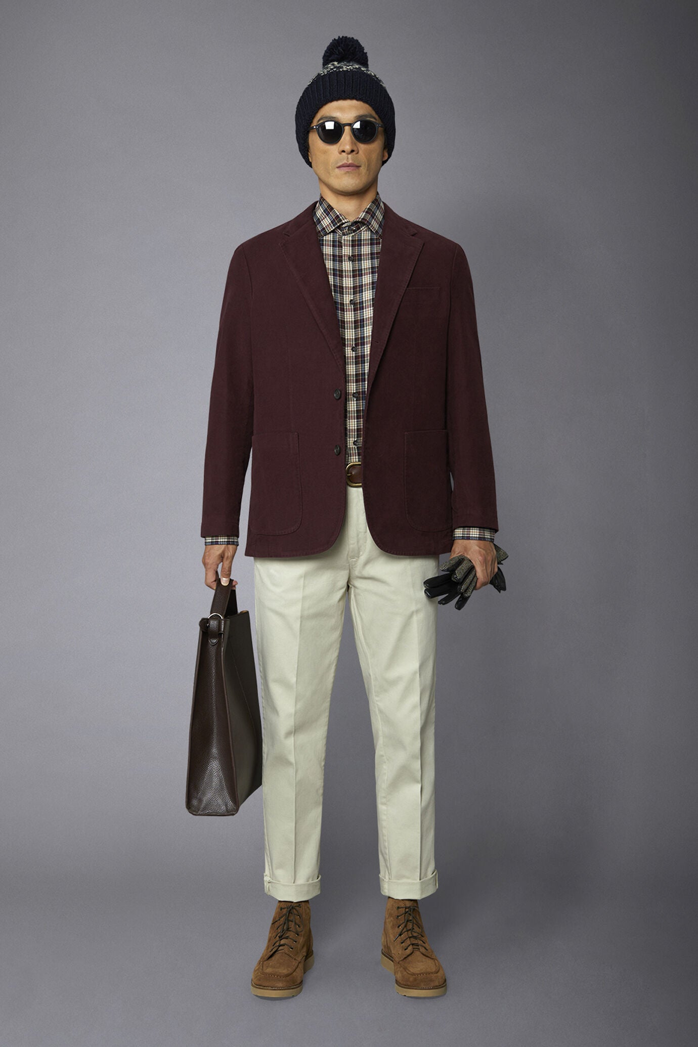 Men's single-breasted jacket in plain moleskin fabric regular fit