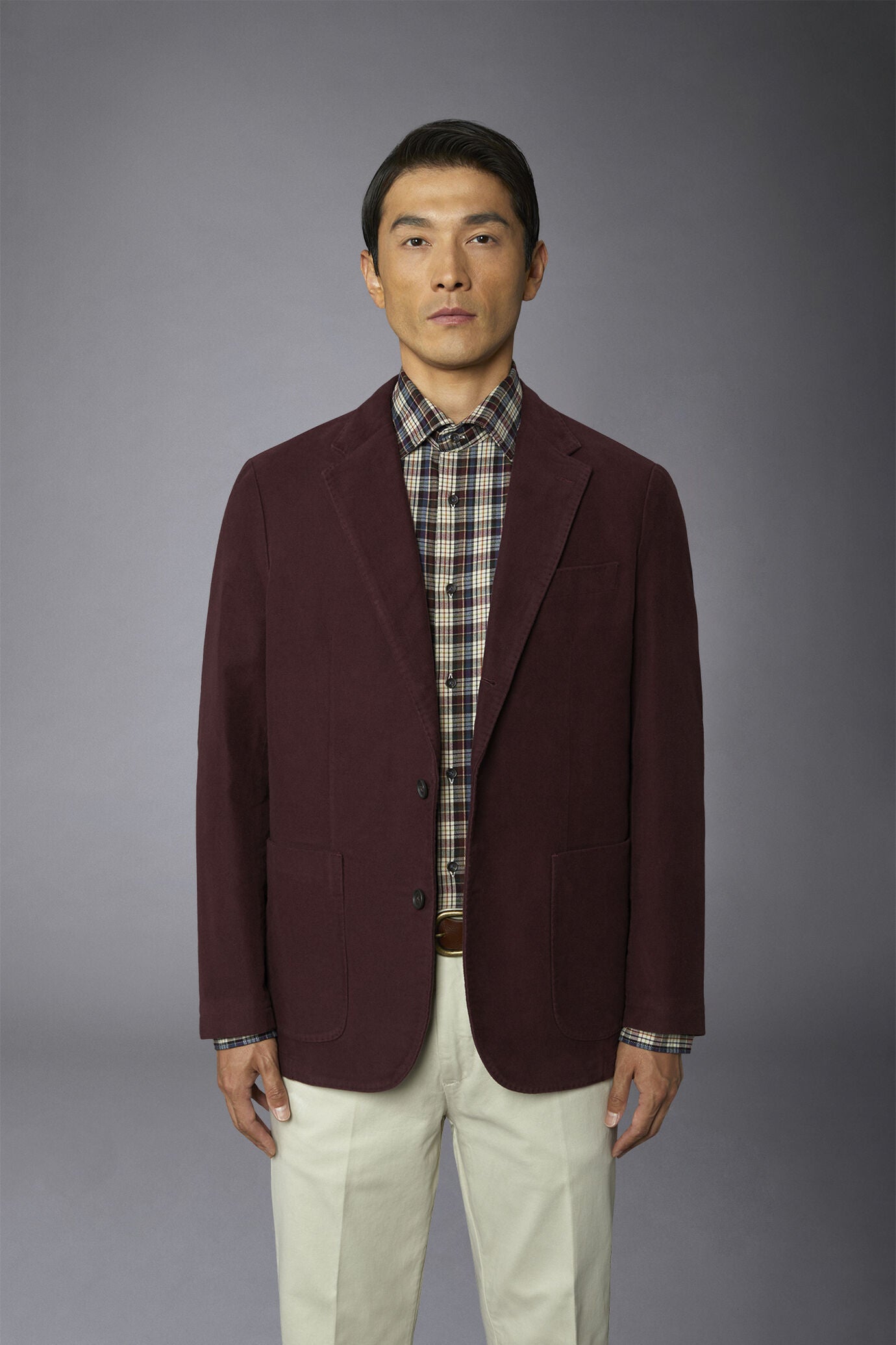 Men's single-breasted jacket in plain moleskin fabric regular fit