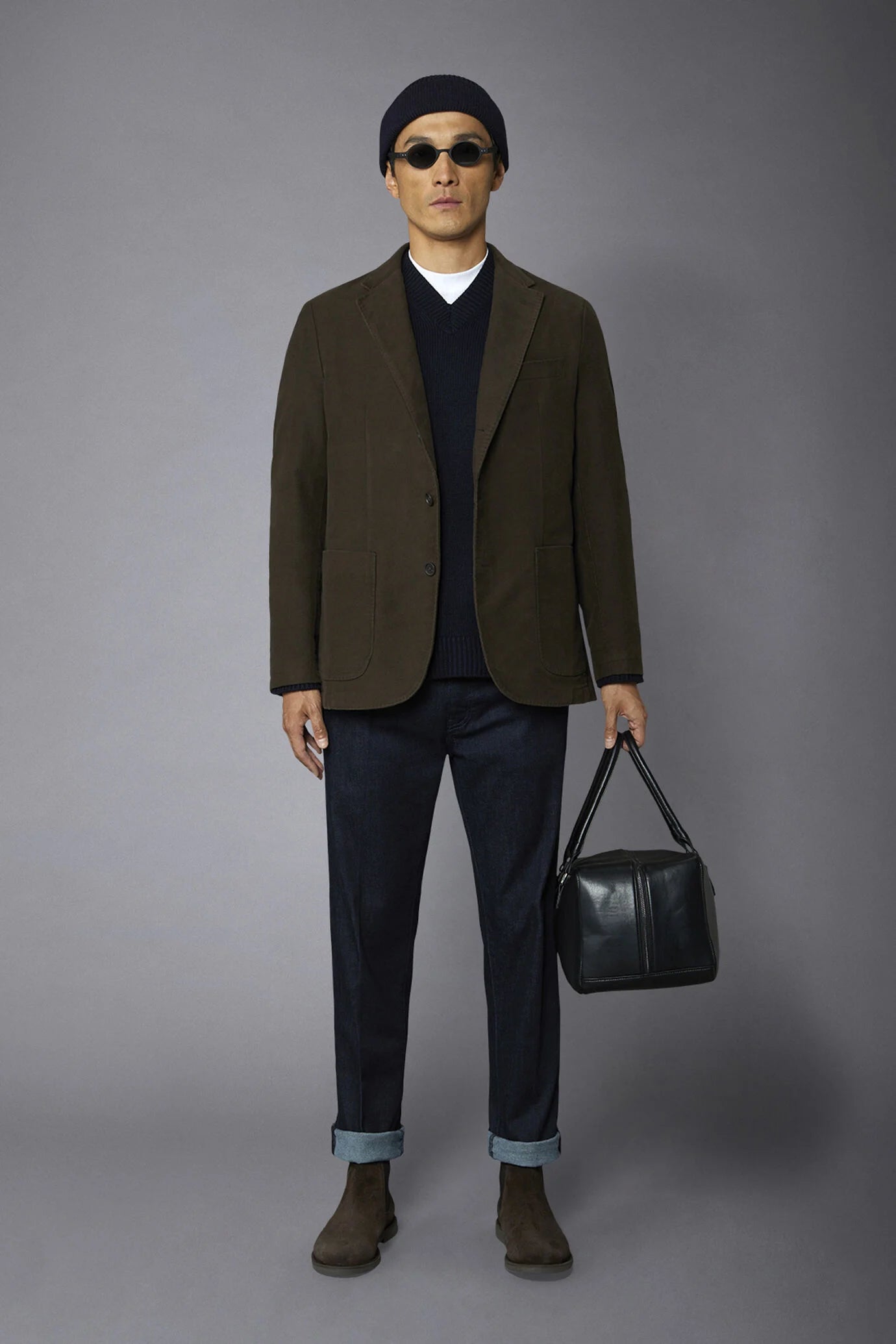 Men's single-breasted jacket in plain moleskin fabric regular fit