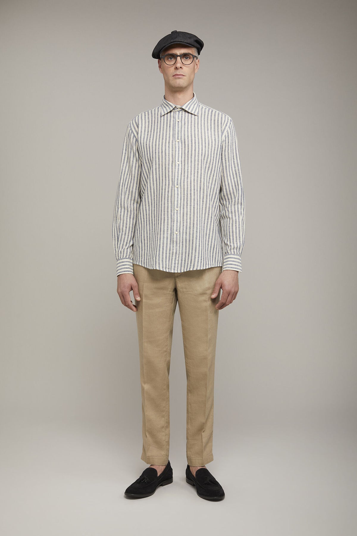 Men’s classic collar shirt in linen and striped cotton comfort fit