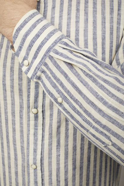 Men’s classic collar shirt in linen and striped cotton comfort fit