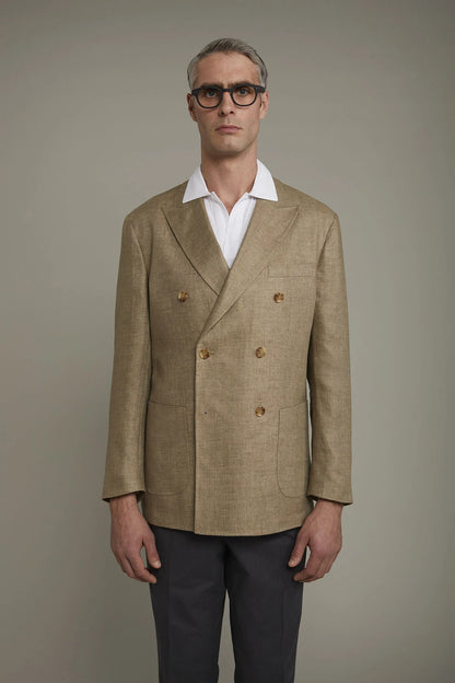 Men's unlined double-breasted blazer, patch pockets 100% linen regular fit