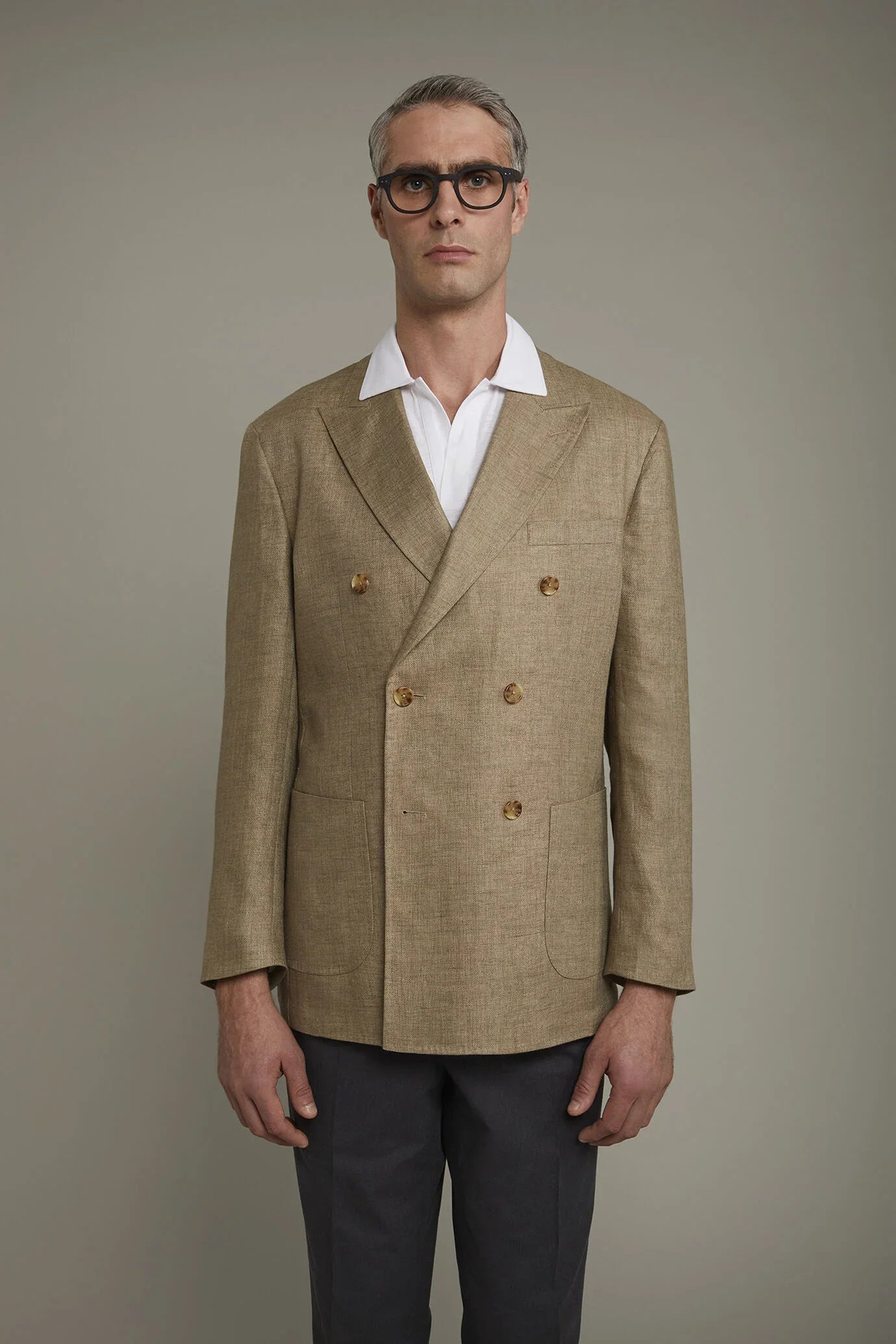 Men's unlined double-breasted blazer, patch pockets 100% linen regular fit