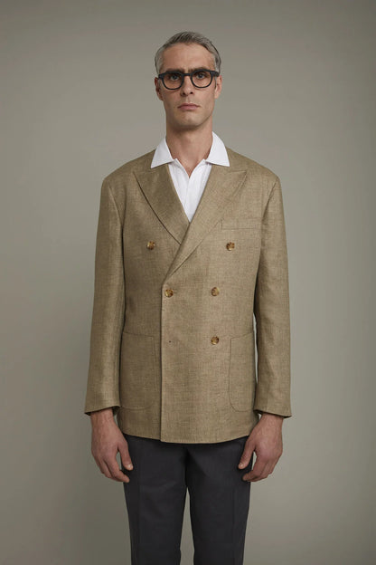 Men's unlined double-breasted blazer, patch pockets 100% linen regular fit