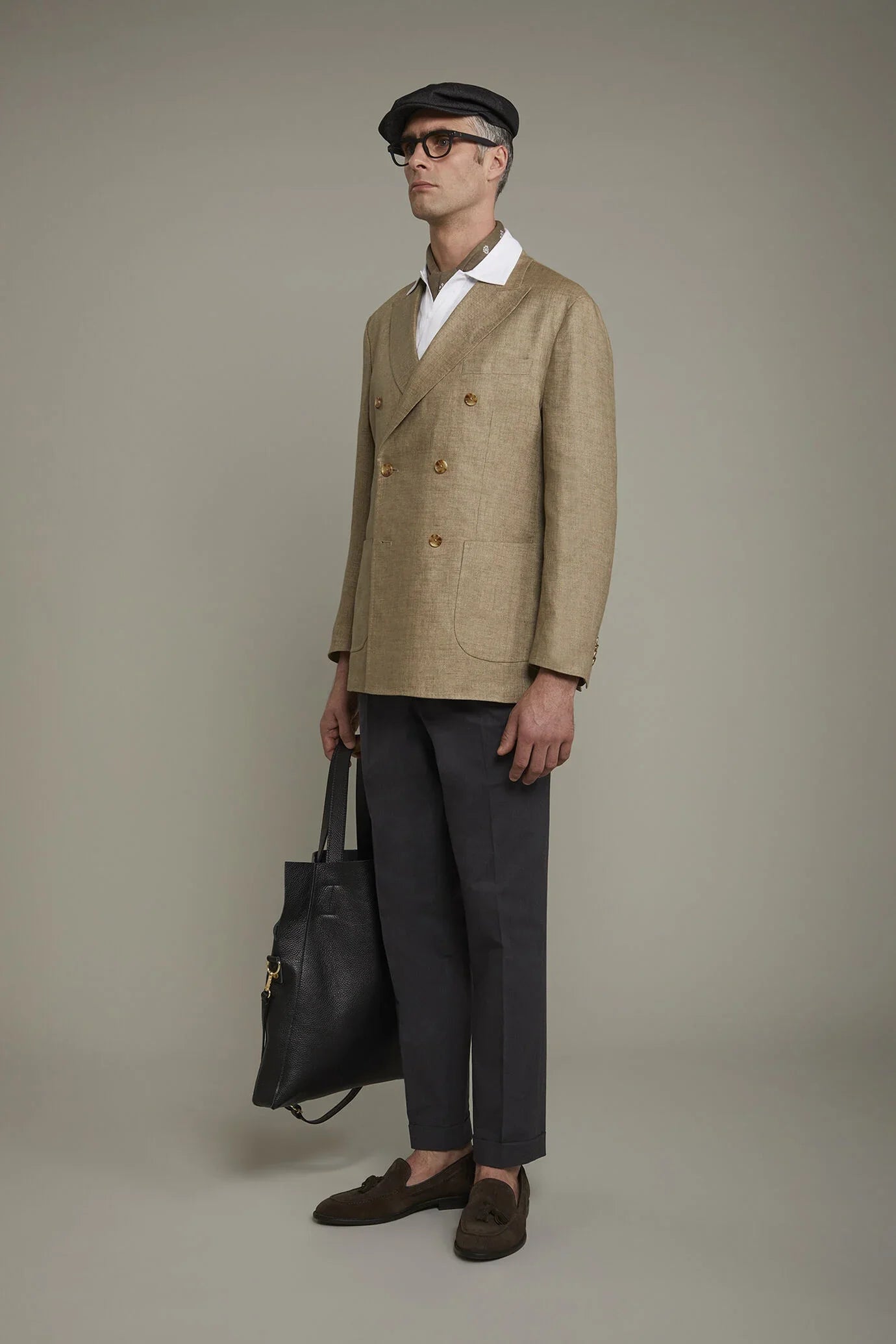 Men's unlined double-breasted blazer, patch pockets 100% linen regular fit