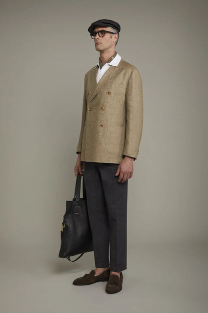 Men's unlined double-breasted blazer, patch pockets 100% linen regular fit