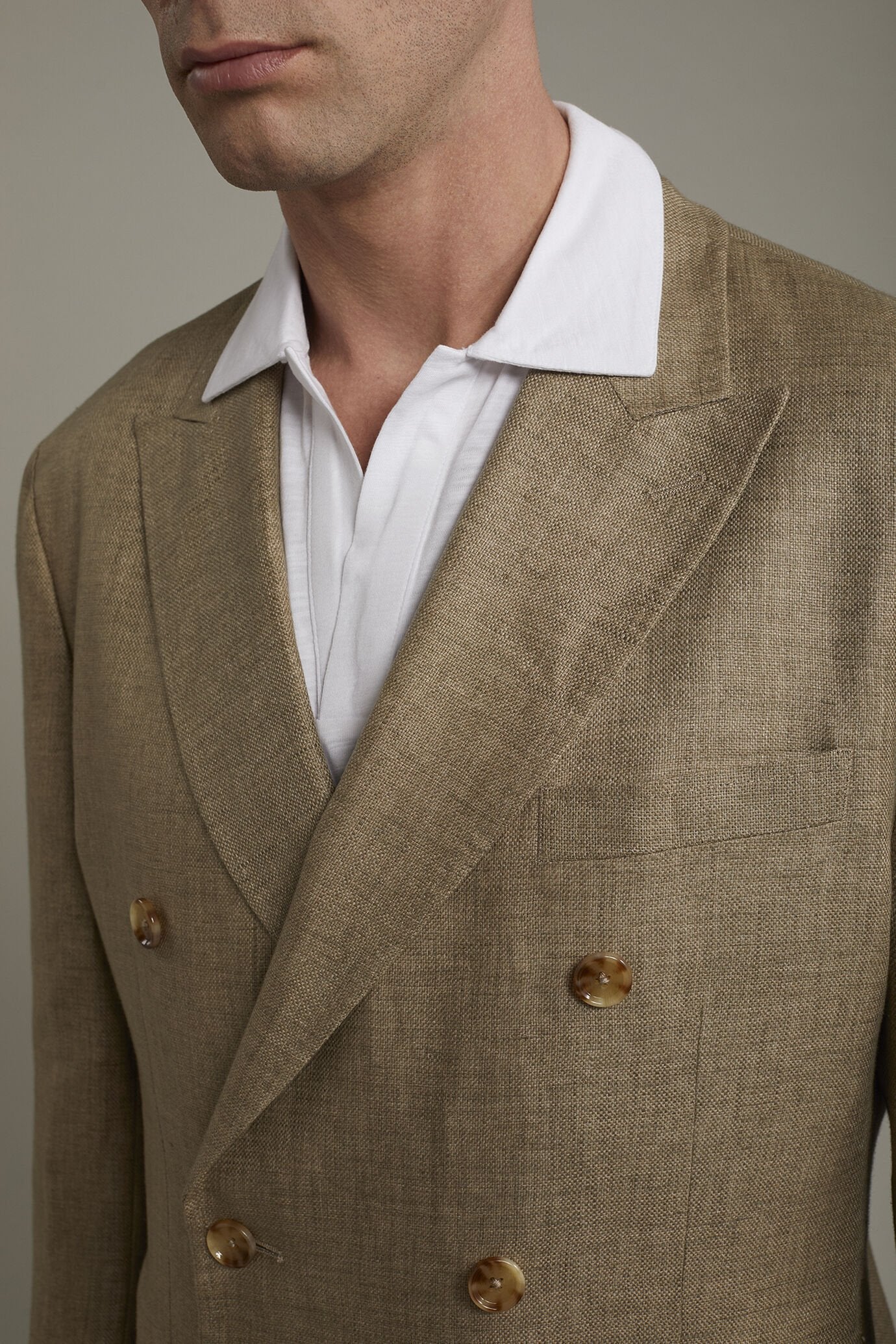 Men's unlined double-breasted blazer, patch pockets 100% linen regular fit