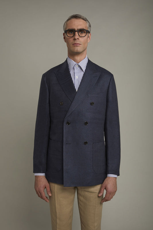 Men's unlined double-breasted blazer, patch pockets 100% linen regular fit