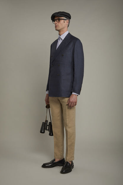 Men's unlined double-breasted blazer, patch pockets 100% linen regular fit