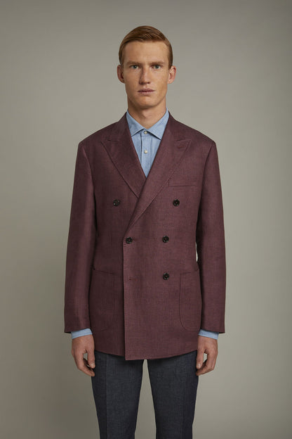Men's unlined double-breasted blazer, patch pockets 100% linen regular fit