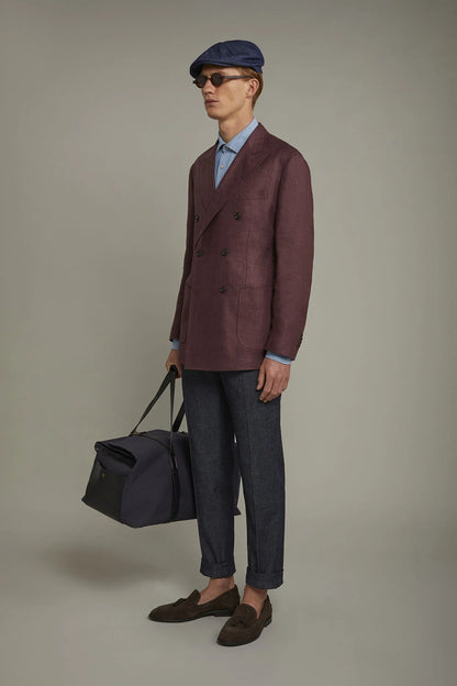 Men's unlined double-breasted blazer, patch pockets 100% linen regular fit