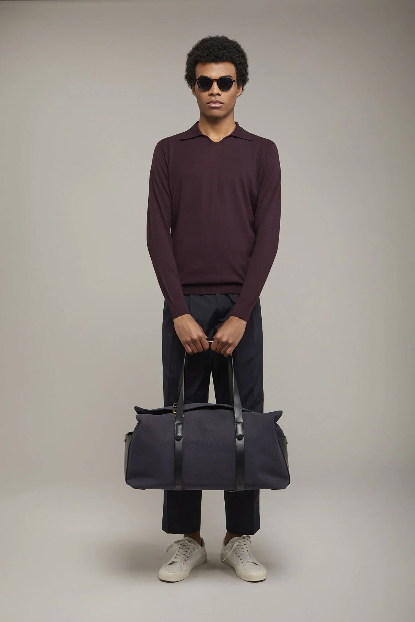 Men's knitted polo V collar 100% cotton long-sleeved regular fit
