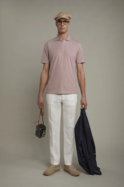 Men's short sleeve button-less polo shirt with derby collar and thin stripes 100% cotton regular fit