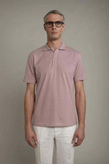 Men's short sleeve button-less polo shirt with derby collar and thin stripes 100% cotton regular fit