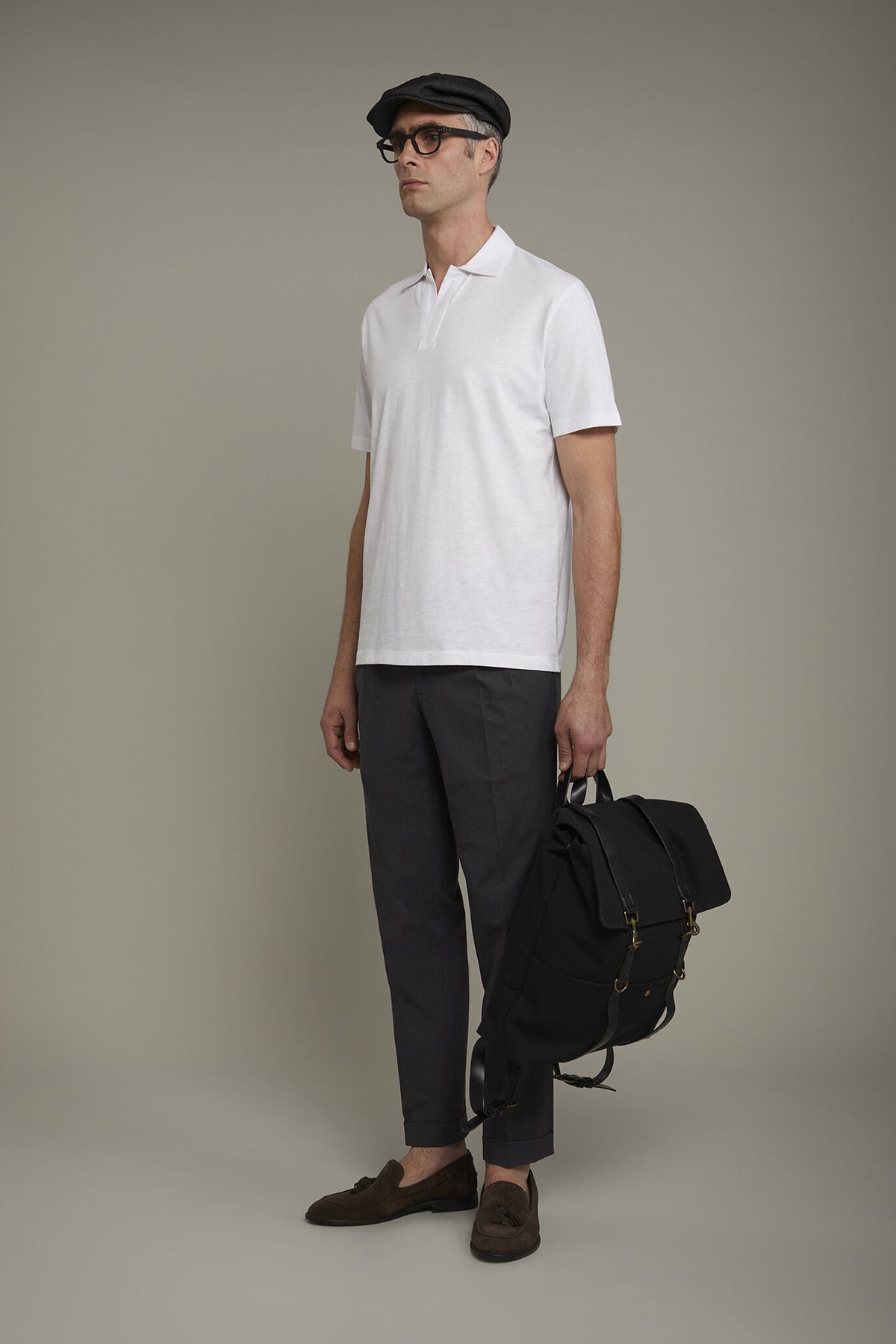 Men's short sleeve button-less polo shirt with derby collar in pure cotton regular fit