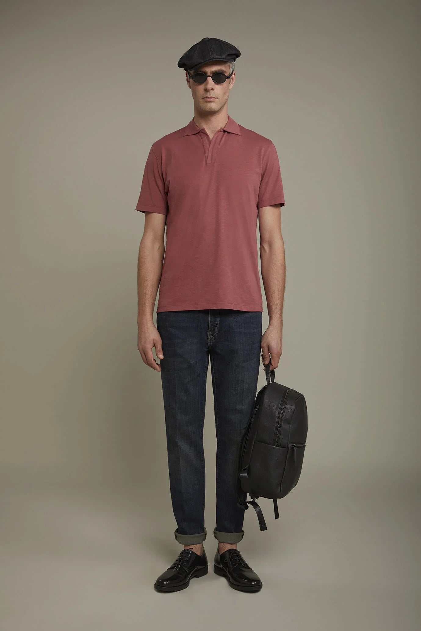 Men's short sleeve button-less polo shirt with derby collar in pure cotton regular fit