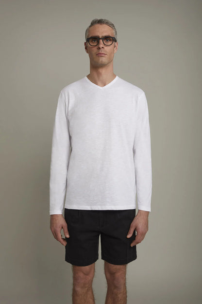 Men's v-neck t-shirt 100% flamed-effect cotton with long sleeves regular fit