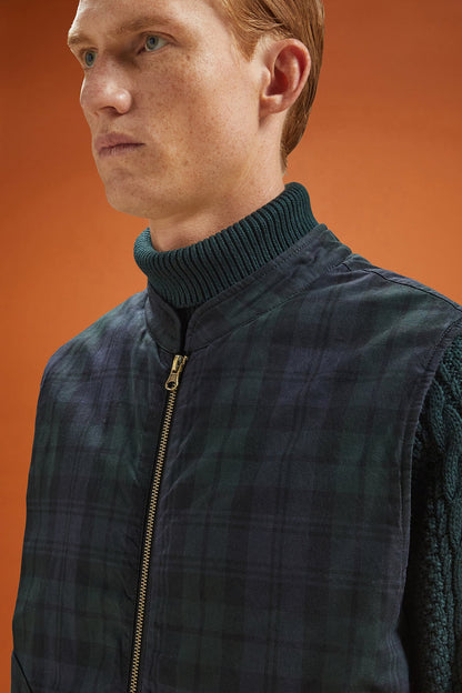 Men's lightly padded regular fit gilet in 100% waxed cotton with a blackwatch design