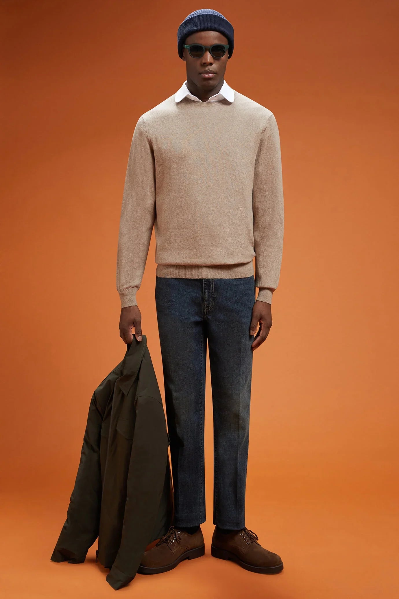 Men's regular fit crew neck jumper in wool and cotton