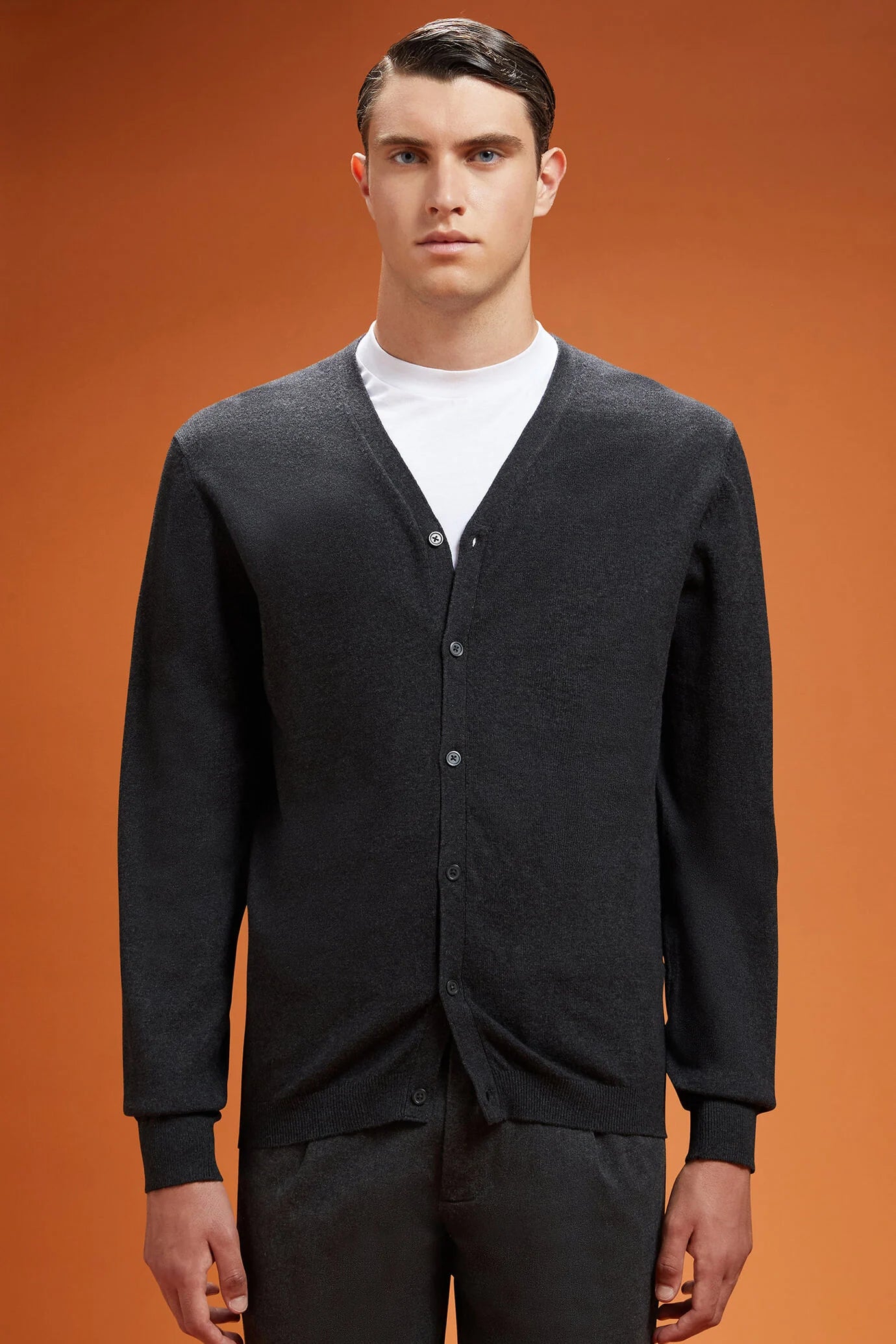 Men's regular fit V-neck cardigan in wool and cotton