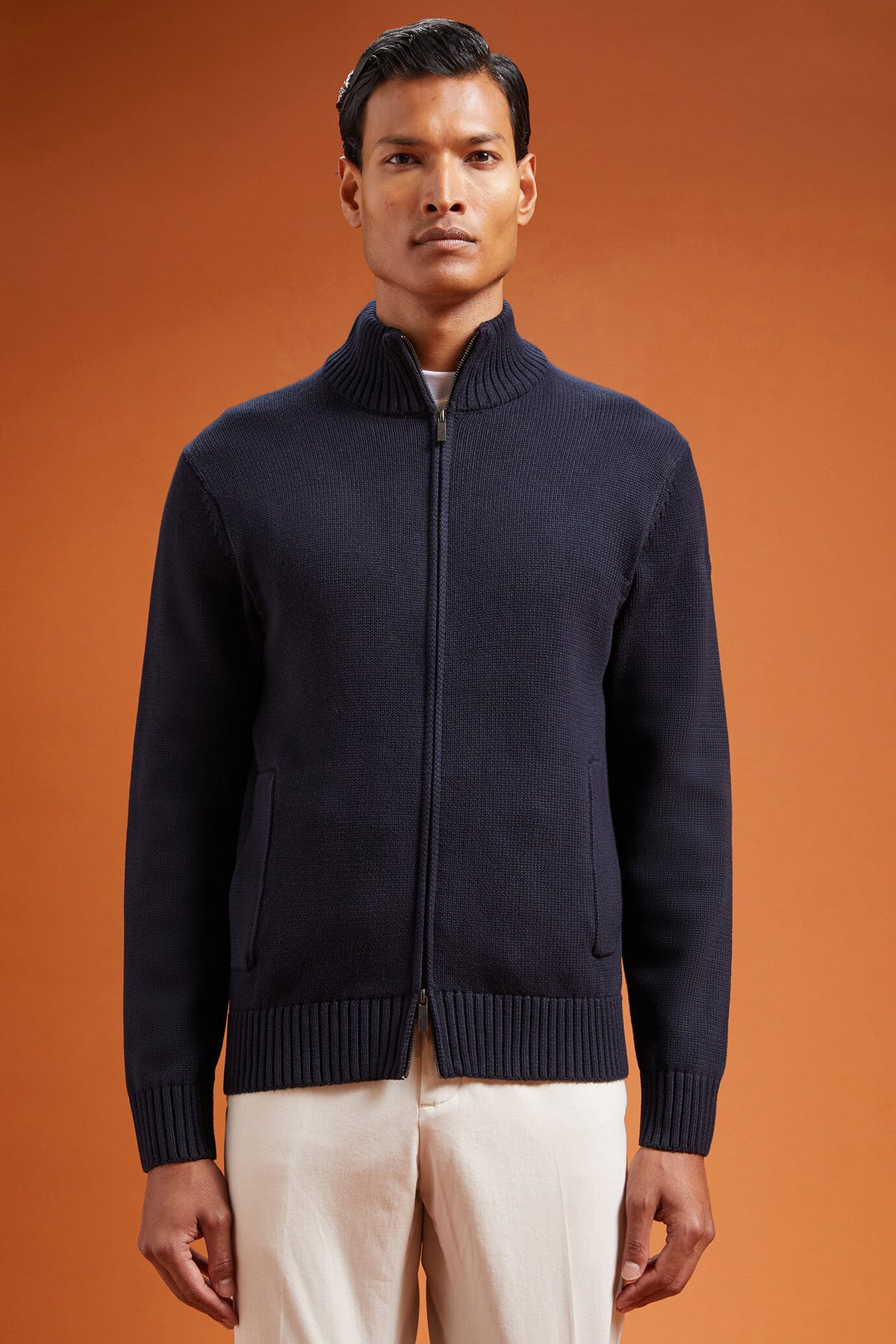 Men's regular fit zipped high neck cardigan in 100% cotton